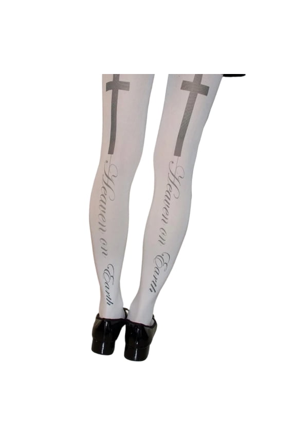 Women Japanese Vintage Opaque White Tights Stockings Elegant Aesthetic Crosses and Letter Print Pantyhose Hosiery
