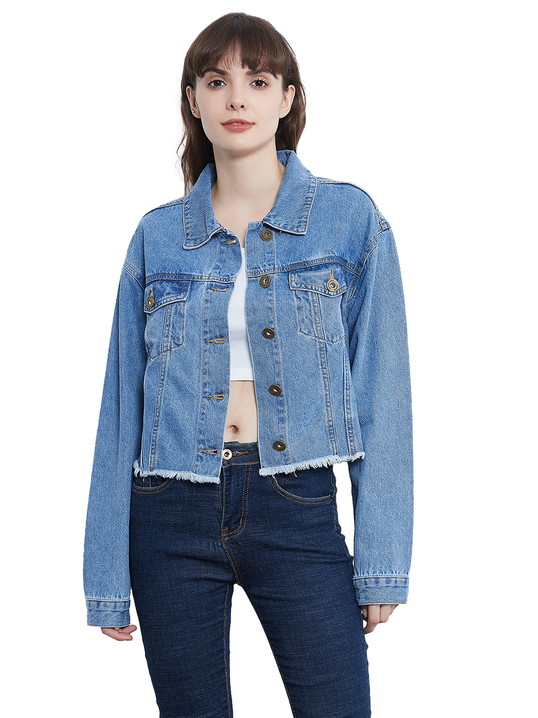 Women Jean Jacket Button Down Distressed Oversized Denim Jackets Coat, Light Blue, Medium - image 1 of 6
