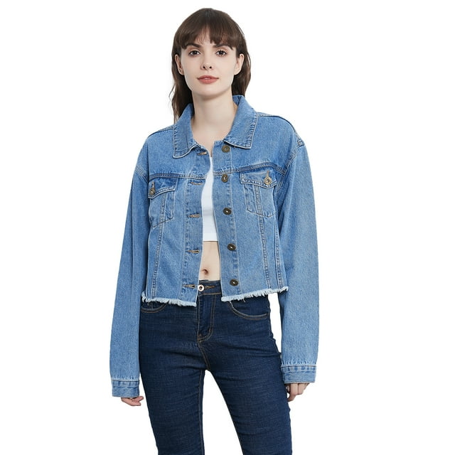 Women Jean Jacket Button Down Distressed Oversized Denim Jackets Coat, Light Blue, Medium