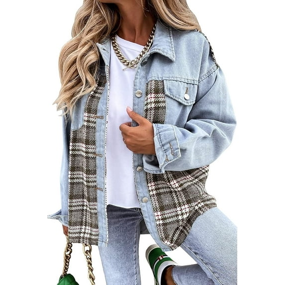 Women Jean Jacket Long Sleeve Button Down Plaid Oversized Denim Shacket Jackets Boyfriend Plaid Blouse Shacket Top with Chest Pocket