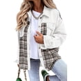 thumbnail image 1 of Women Jean Jacket Long Sleeve Button Down Plaid Oversized Denim Shacket Jackets Boyfriend Plaid Blouse Shacket Top with Chest Pocket, 1 of 6