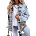 thumbnail image 1 of Women Jean Jacket Long Sleeve Button Down Plaid Oversized Denim Shacket Jackets Boyfriend Plaid Blouse Shacket Top with Chest Pocket, 1 of 6