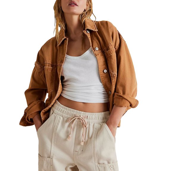 Women Jean Jacket Washed Cropped Button Up with Pockets Polyester Casual All Season Wear