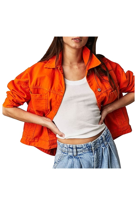 Women Jean Jacket Washed Cropped Button Up with Pockets Polyester Casual All Season Wear