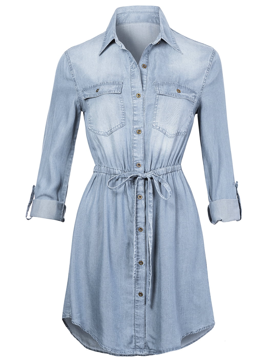 Women Jean Shirt Dress Long Sleeves Waist Ties Casual Short