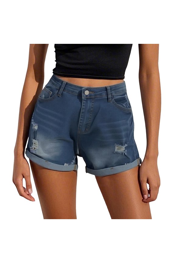 Women Jean Shorts Clearance Mid Rise Summer Ripped Destroyed Twill Shorts Stretch Straight Leg Denim Shorts