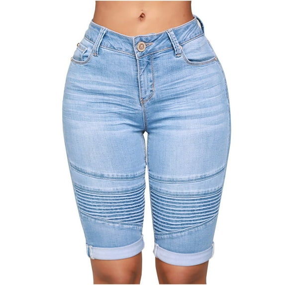 Women Jean Shorts Mid Rise Stretch Vintage Above The Knee Length Denim Shorts Summer Casual Skinny Pants