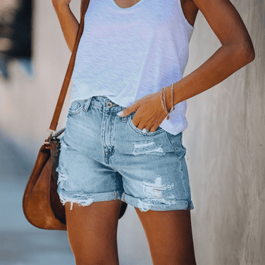 Women Jean Shorts, Women's Shorts, Ladies Shorts, Casual Shorts for Women, Women's Denim Shorts, Women's Casual Summer Denim Shorts Mid Waisted Stretchy Ripped Jean Shorts with Pockets, Blue, M