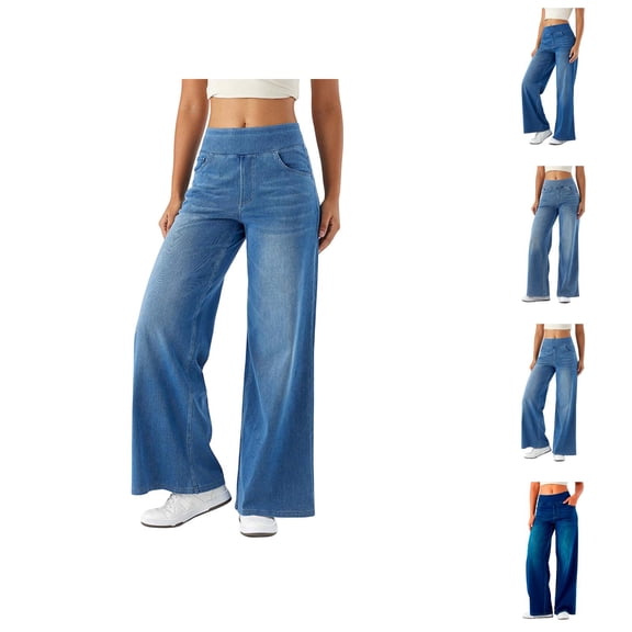 Women Jeans 2026 Fashion Loose Fit Wide Leg Stretchy High Waisted Straight Leg Denim Pants with Pockets