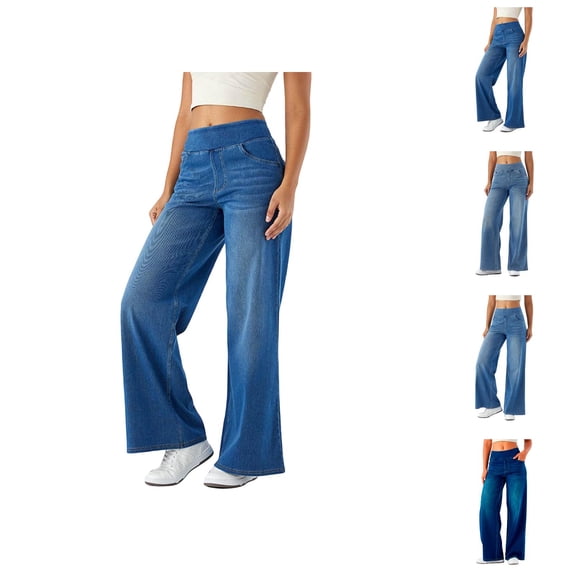 Women Jeans 2026 Fashion Loose Fit Wide Leg Stretchy High Waisted Straight Leg Denim Pants with Pockets