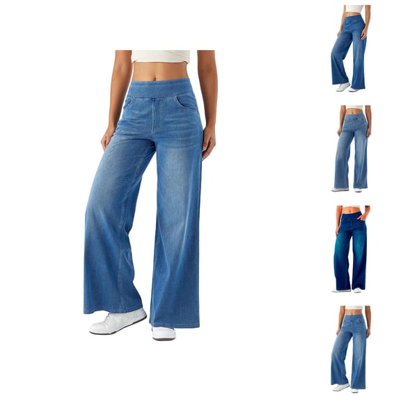 Women Jeans 2026 Fashion Wide Leg Straight Leg Stretchy High Waisted Loose Fit Denim Pants with Pockets
