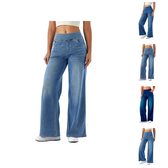 Women Jeans 2026 Fashion Wide Leg Straight Leg Stretchy High Waisted Loose Fit Denim Pants with Pockets