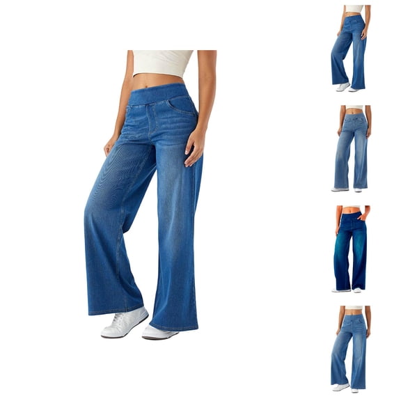 Women Jeans 2026 Fashion Wide Leg Straight Leg Stretchy High Waisted Loose Fit Denim Pants with Pockets