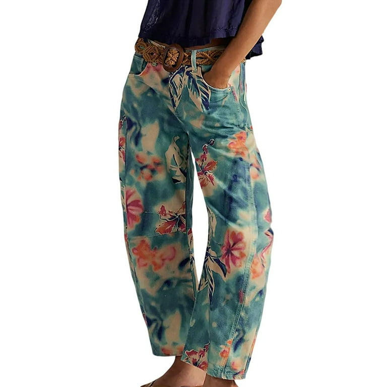 Women Jeans Baggy Barrel Print Denim Ankle Pants Wide Leg Mid-Rise