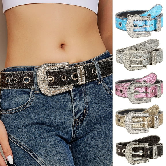 Women Jeans Belt Shiny Rhinestones Multi Holes Adjustable Length Waistband with Sparkling Buckle Wide Alloy Belt