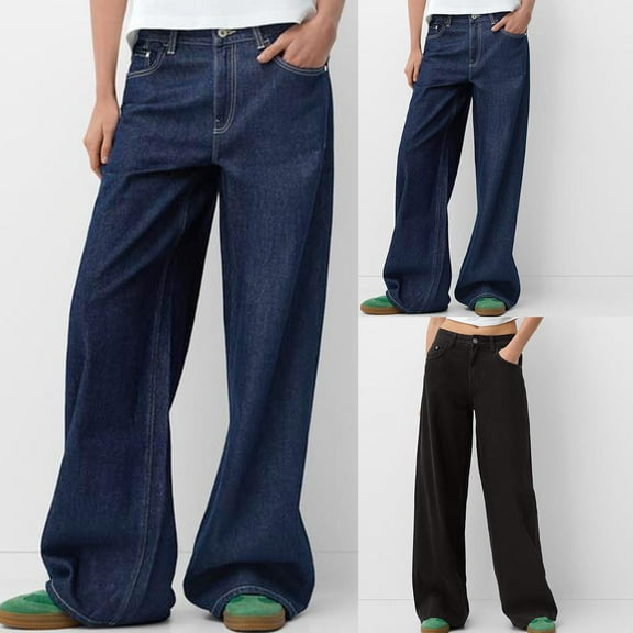 Women Jeans Button Zipper Pockets Length Pants Blue Wide Leg Pants XL