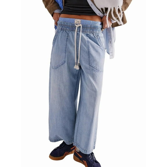 Women - Jeans Casual Wide Leg Elastic Mid Rise Boyfriend Y2k Loose Denim Pants with Drawstring Light Blue M