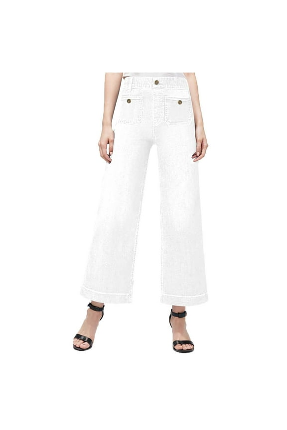 Women Jeans Denim Pants Solid Color Casual Pocket Button White Loose Denim Pants L