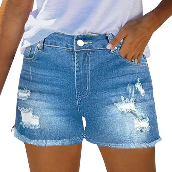 Women Jeans Denim Shorts Spring Break Fashion Beach Vacation Summer Outfits Distressed Edges Stretchy Denim Fabric Classic Pocket Style Button-Zipper Closure Trendy Vibe M Womens Jeans For Women