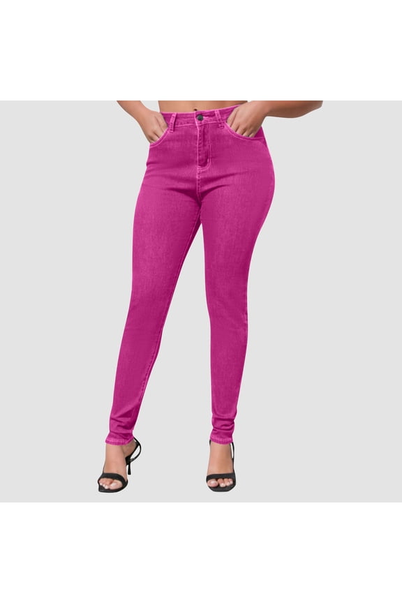Women Jeans Fashionable High Waisted Hip Hugging Oversized Elastic Tight Fitting Washed Small Leg Jeans Loose Boyfriends Jeans Denim Pants Hot Pink,6