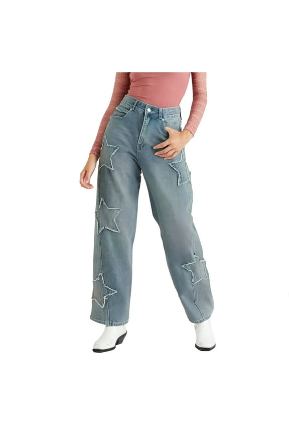 Women Jeans High Waist Embroidered Star Vintage Loose Straight Leg Casual Denim Pant Women's Pants Blue S