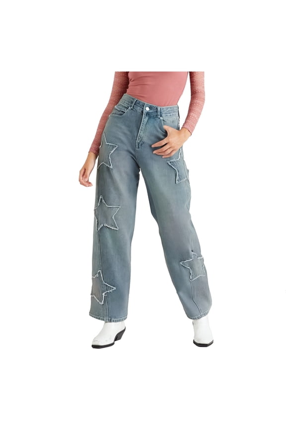 Women Jeans High Waist Embroidered Star Vintage Loose Straight Leg Casual Denim Pant Womens Pants Blue L