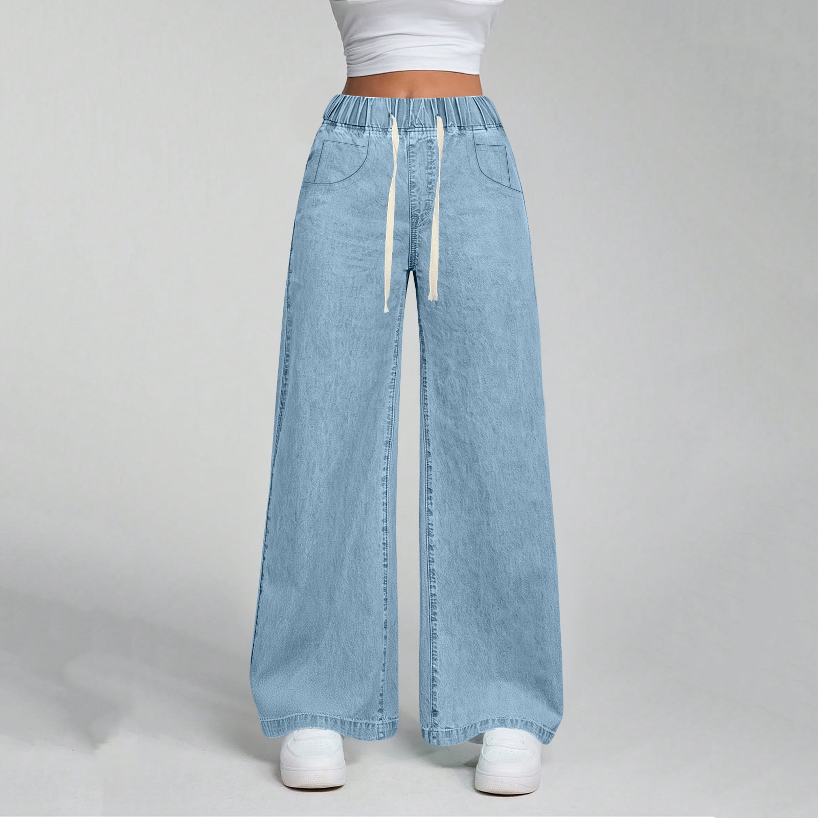 Women Jeans High Waisted Denim Pants Elastic Waist Stretchy Loose Pants