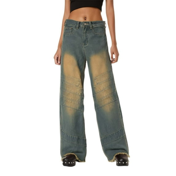 Women Jeans High Waisted High Waisted Vintage Distressed Patchwork Straight Leg Streetwear Denim Plus Size Womens Jeans Blue L