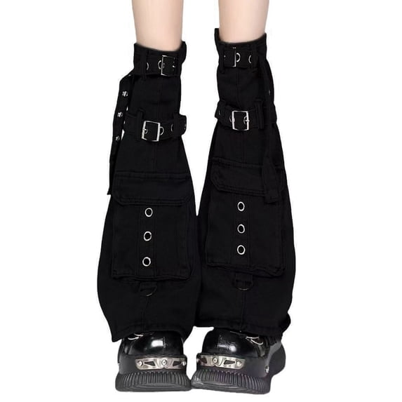 Women Jeans Leg Sleeves Stockings with Buckled Strap Pocket Punk Cargo Denims Leg Warmer Over Knee Flared Boot Covers