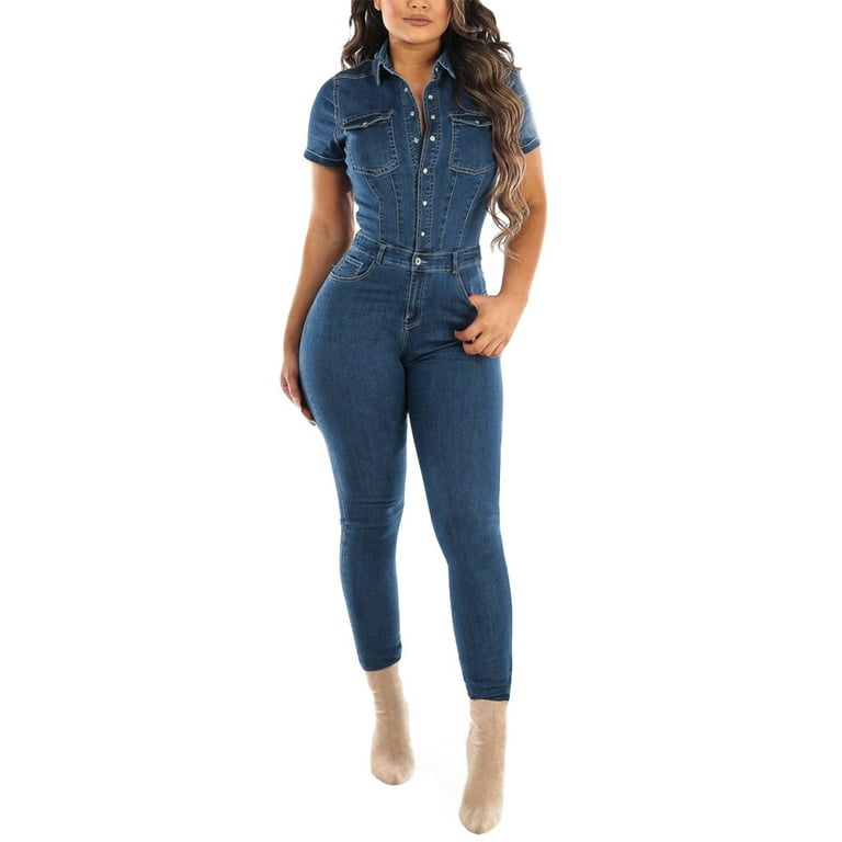 Women Jeans Pants Tight Fitting Button Jumpsuits Poled Distressed