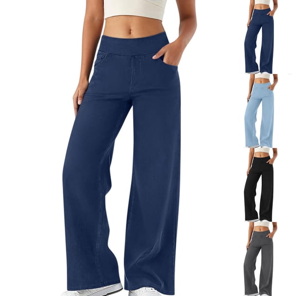Women Jeans Pants Wide Leg Palazzo Pants Stretch Waist Skinny Denim Waist Flared Belt Pocket Wide Leg Casual Pants with Pockets Fall Clothes - Black,S