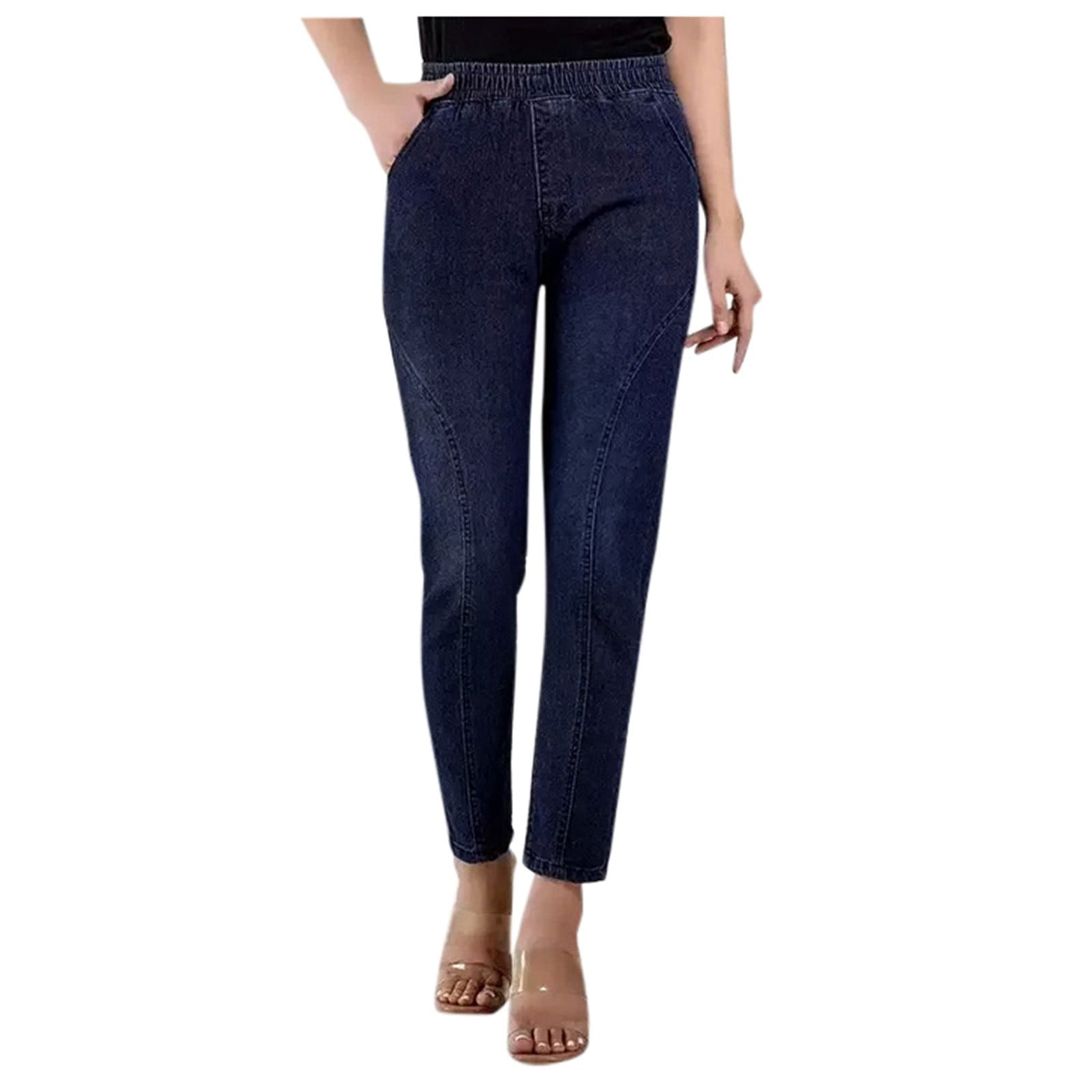 Women Jeans Petite Elastic Waist Slim Fit High Waist Straight Trousers ...