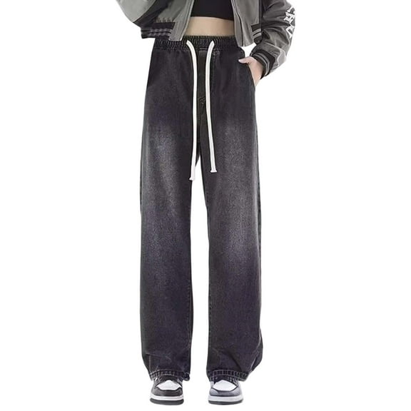 Women Jeans Petite High Waisted Straight Leg Stretch Drawstring with Pocket Trousers