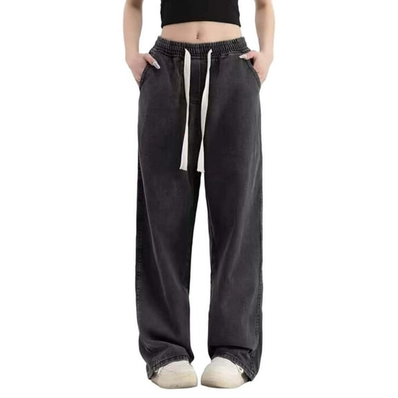 Women Jeans Petite High Waisted Straight Leg Stretch Drawstring with Pocket Trousers