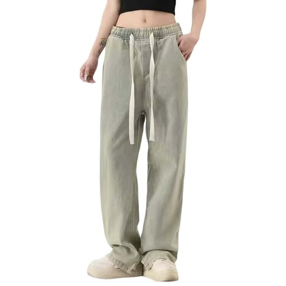 Women Jeans Petite High Waisted Straight Leg Stretch Drawstring with Pocket Trousers