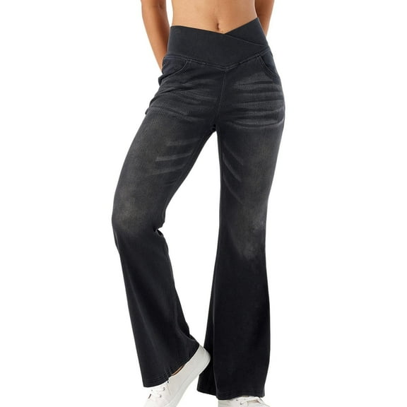 Women Jeans Petite Stretch Crossover High Waist Flare with Pockets Women's Pants