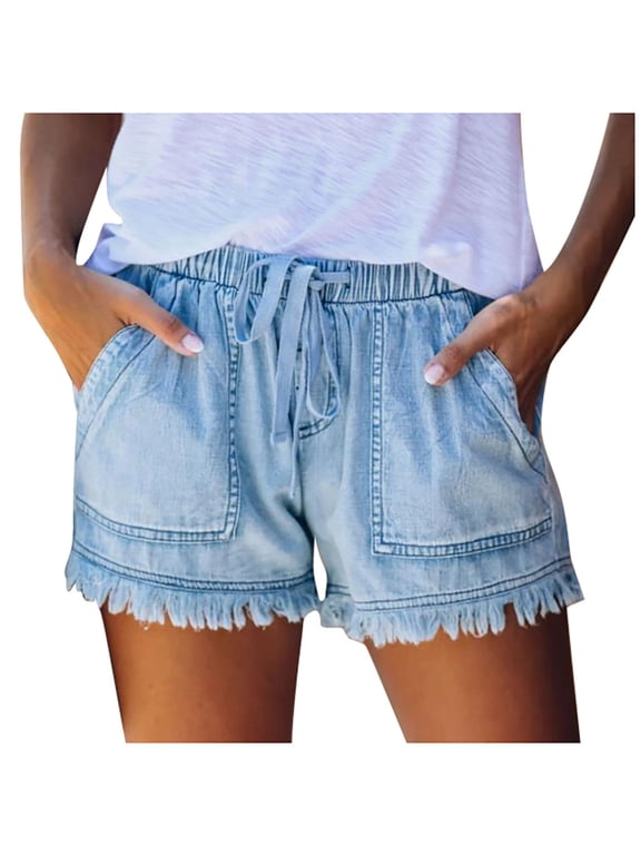 Women Jeans Shorts Knee Length High Rise Ripped Folded Workout Shorts Stretch Vacation Beach Summer Shorts
