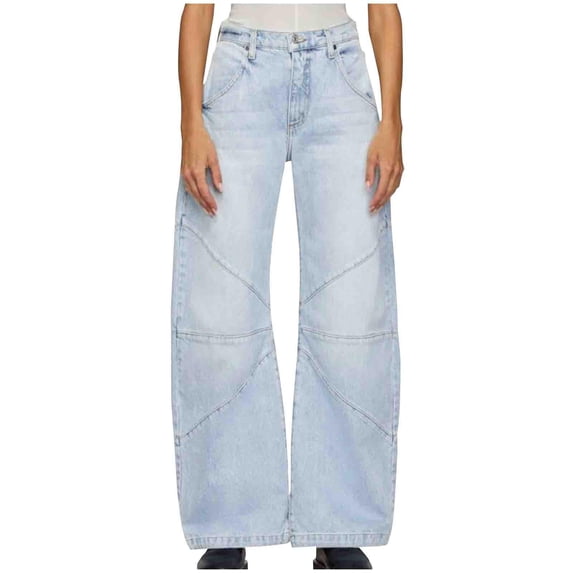 Women Jeans Solid Color Button Zipper Pockets Length Pants Light Blue Wide Leg Denim Pants L