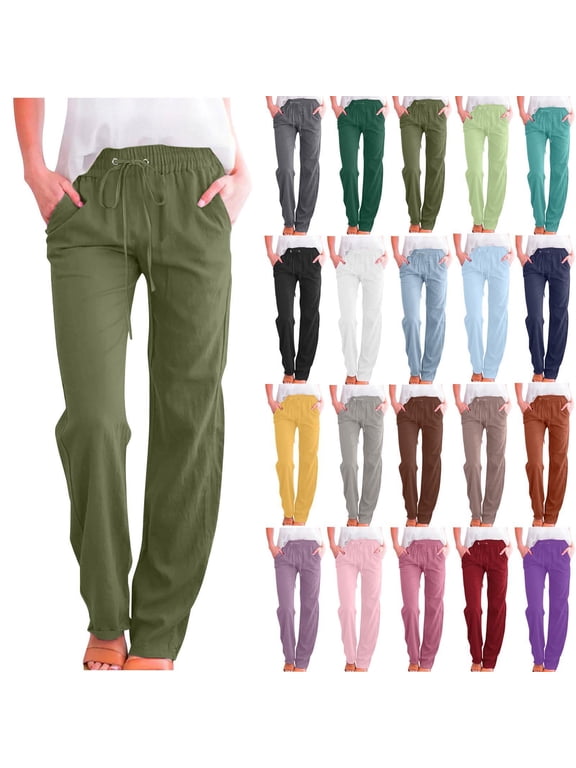 Women Jeans Solid Color Drawstring Cotton Linen Casual Loose Wide Leg Straight Trousers Army Green Denim Pants 2XL