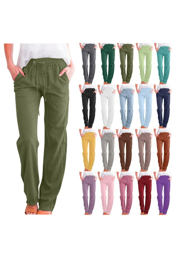 Women Jeans Solid Color Drawstring Cotton Linen Casual Loose Wide Leg Straight Trousers Army Green Denim Pants 2XL