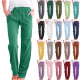 Women Jeans Solid Color Drawstring Cotton Linen Casual Loose Wide Leg ...