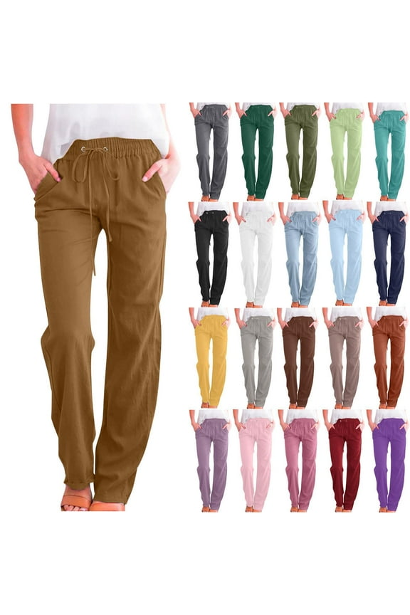 Women Jeans Solid Color Drawstring Cotton Linen Casual Loose Wide Leg Straight Trousers Khaki Denim Pants S