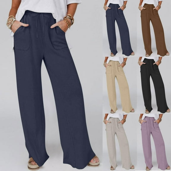 Women Jeans Solid Color Drawstring Cotton and Linen Casual Loose Wide-Leg Straight Long Pants with Pockets Navy Wide Leg Denim Pants S