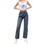 Women Jeans Straight Style Jungfrau Slim and High Waist Embroidered Jeans for Women