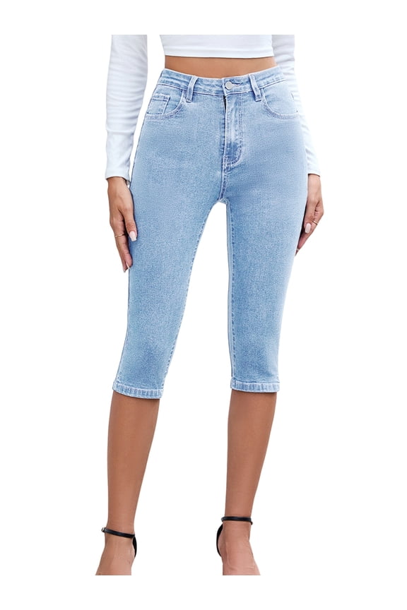 Women Jeans Trendy High Waisted Slim Fit Stretch Denim Jeans Light Blue S