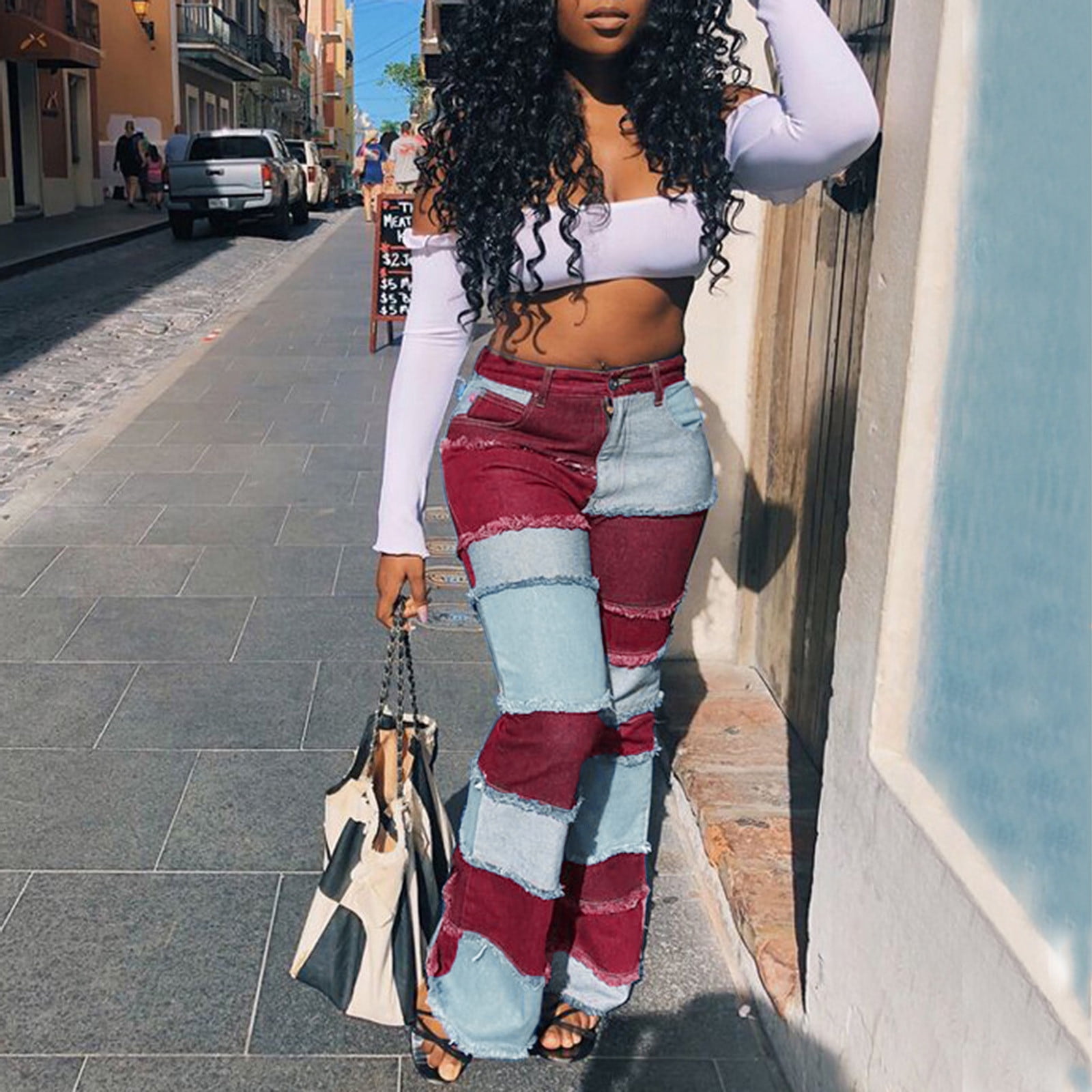 Women Jeans Trumpet Ripped Matching Color Spliced Long Pants