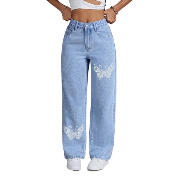 Women Jeans Y2K Rhinestone Butterfly Jeans Spring And Autumn Straight Slim Long Pants With Rhinestone Decoration