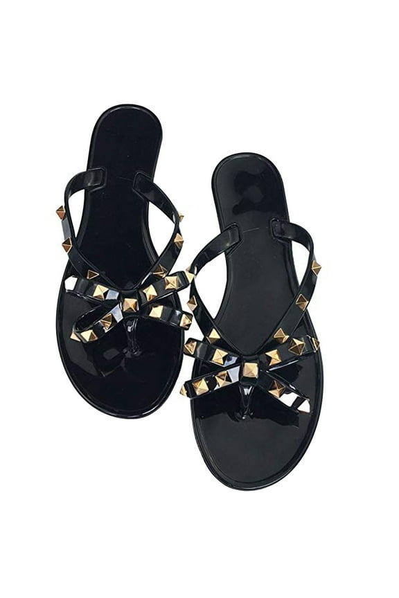 Women Jelly flip Flop Bow Sandals-Beach Flat Rivets Rain Ankle Strap Thong Black