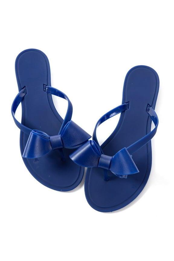 Women Jelly flip Flop Bow Sandals-Beach Flat Rivets Rain Ankle Strap Thong Blue
