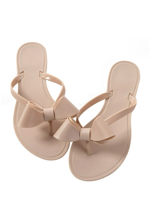 Women Jelly flip Flop Bow Sandals-Beach Flat Rivets Rain Ankle Strap Thong Nude